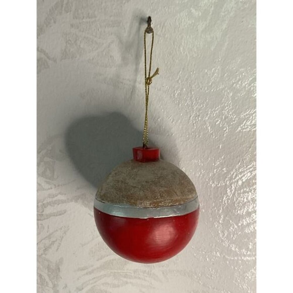 Wooden Red and White Fishing Bobber Round Christmas Ornament Man Cave Decor
